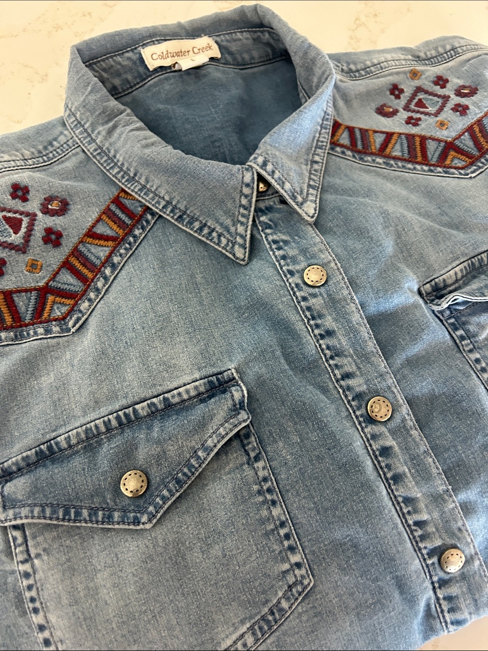 Coldwater Creek Light Blue Denim Shirt with Embroidered Yoke